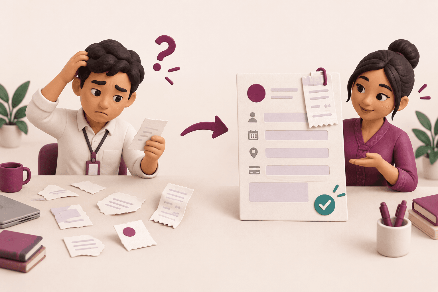Illustration: incomplete paper fragments become one structured request with an attached receipt.