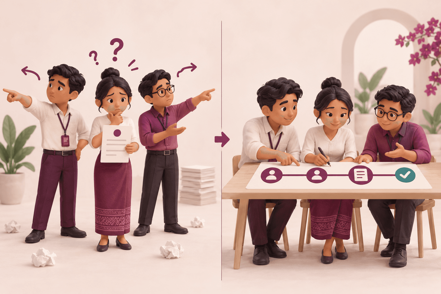 Illustration: conflicting handoffs become a shared sequence of responsibilities and decisions.