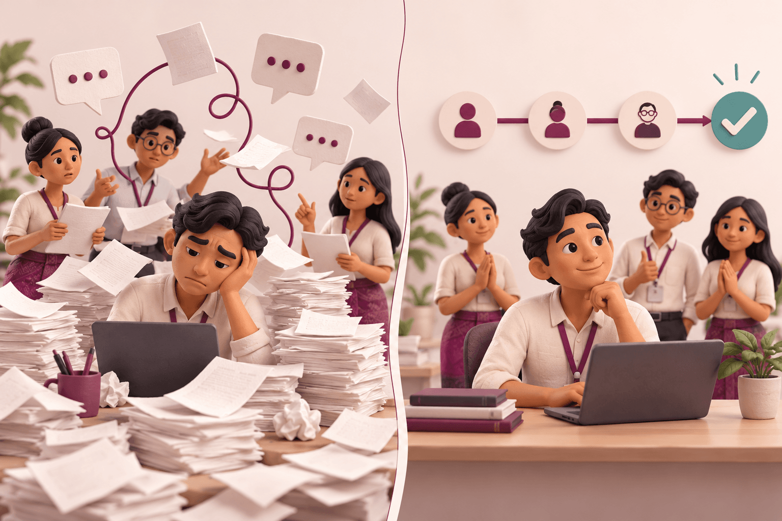 Illustration: a team chasing scattered requests becomes a calm team with an agreed approval path.